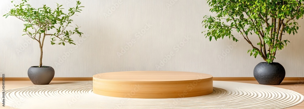 A podium made of natural bamboo, placed on the right in the middle of a tranquil Zen garden with raked sand patterns.