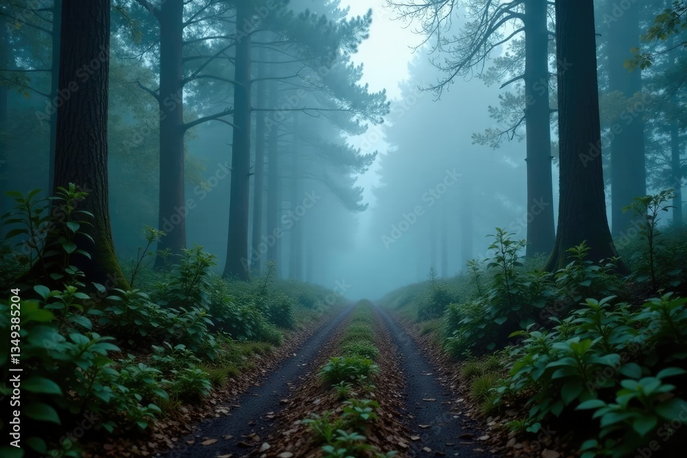 Fototapeta premium Fog creeps over the ground and shrouds a forest path, pathway, misty, hazy