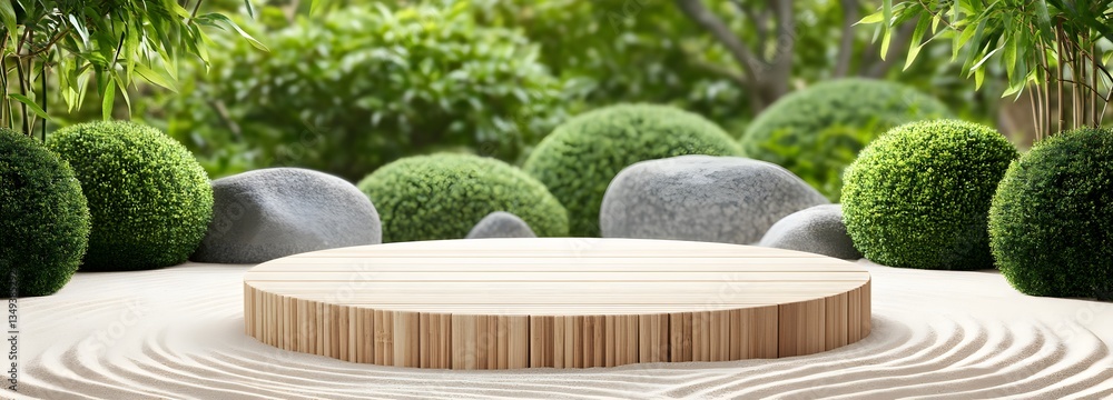 A podium made of natural bamboo, placed on the right in the middle of a tranquil Zen garden with raked sand patterns.