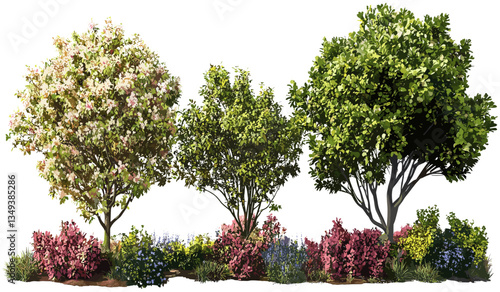 Garden vector shrubbery trees cutout, blooming plants, flowers, nature artwork, landscaping decor, green bushes, outdoor design, natural garden illustrations, eco-friendly