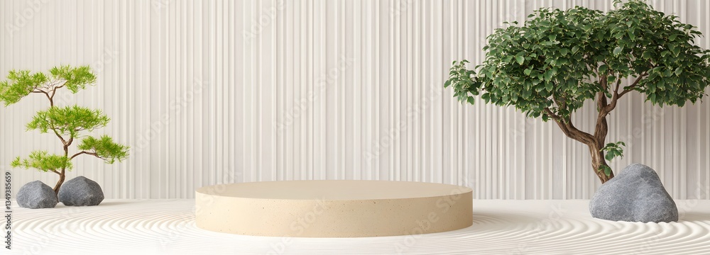 A podium made of natural bamboo, placed on the right in the middle of a tranquil Zen garden with raked sand patterns.
