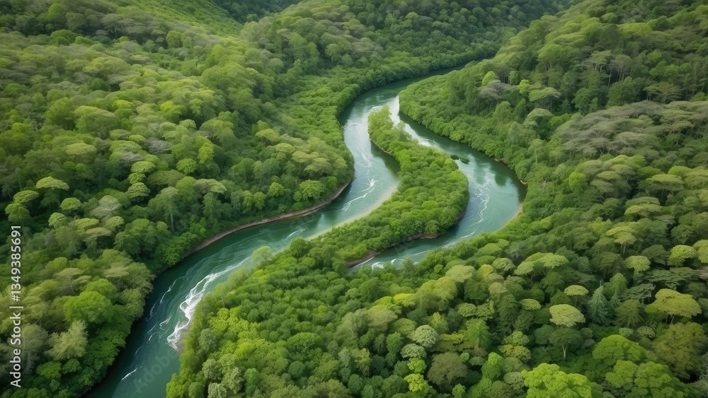 Aerial view of a lush green forest with a winding river cutting through it. Aerial view of a lush green forest with a winding river cutting through it.
