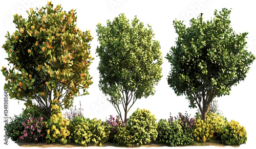 Vector flowery trees shrubbery cutout, garden plants, nature design, landscaping, green bushes, garden illustrations, plant graphics, eco-friendly art, outdoor decor