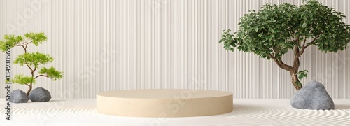 Obraz na płótnie A podium made of natural bamboo, placed on the right in the middle of a tranquil Zen garden with raked sand patterns. w salonie