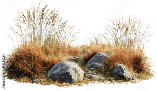 Savanna landscape, vector clipart, grass field, rocks, prairie view, nature scene, outdoor design, nature background, wild terrain, natural environment