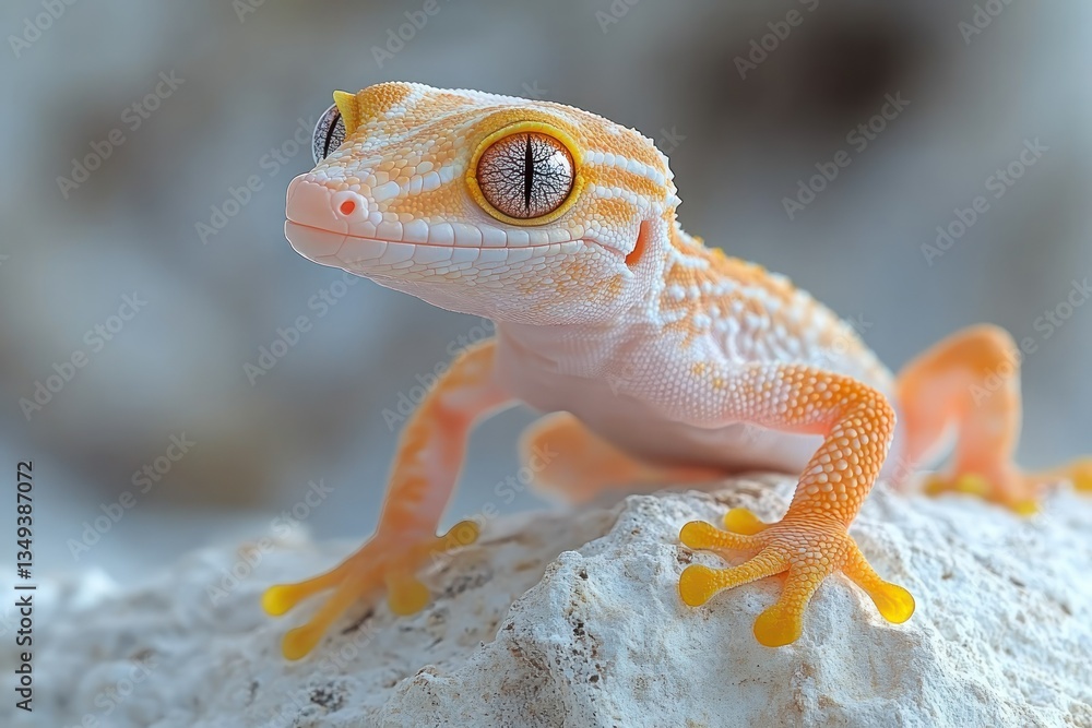 Naklejka premium Albino gecko posing on rock, blurred background, pet reptile