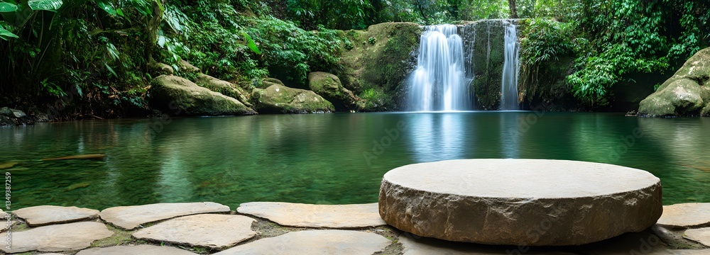 A moss-covered stone podium on the right, beside a serene waterfall cascading into a crystal-clear pool.