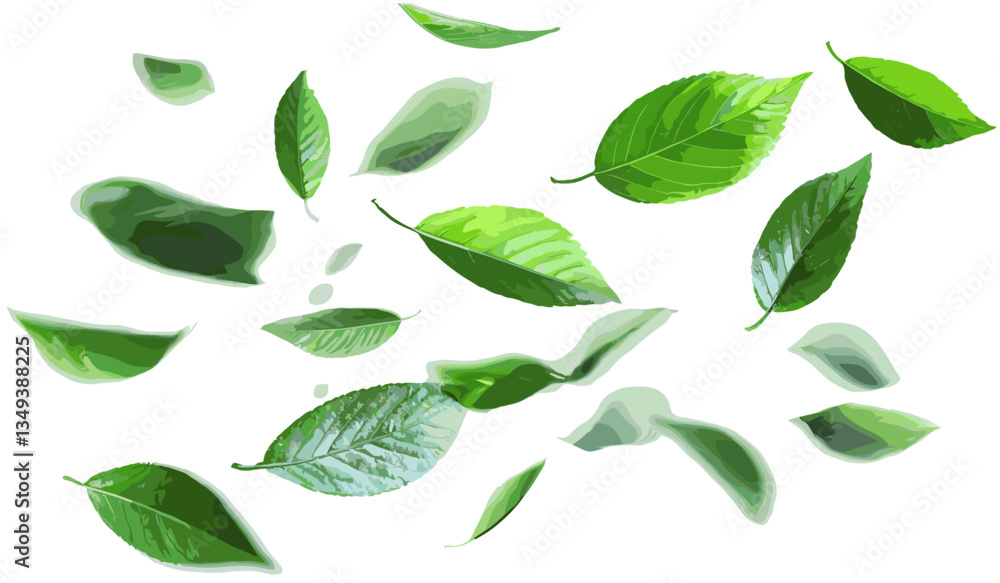 Vector green leaves falling, motion cutout background, nature, environmental concept, autumn foliage, fresh leaves, seasonal change, peaceful scene, organic design, wind effect Vector green leaves falling, motion cutout background, nature, environmental concept, autumn foliage, fresh leaves, seasonal change, peaceful scene, organic design, wind effect