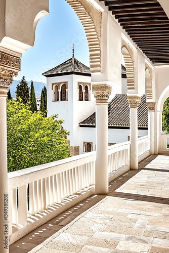 Stunning view of an ornate archway leading to lush greenery, showcasing architectural beauty and tranquility in bright sunlight.