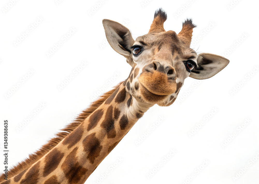Naklejka premium A close-up of a giraffe's face with distinctive patterns and expressive eyes