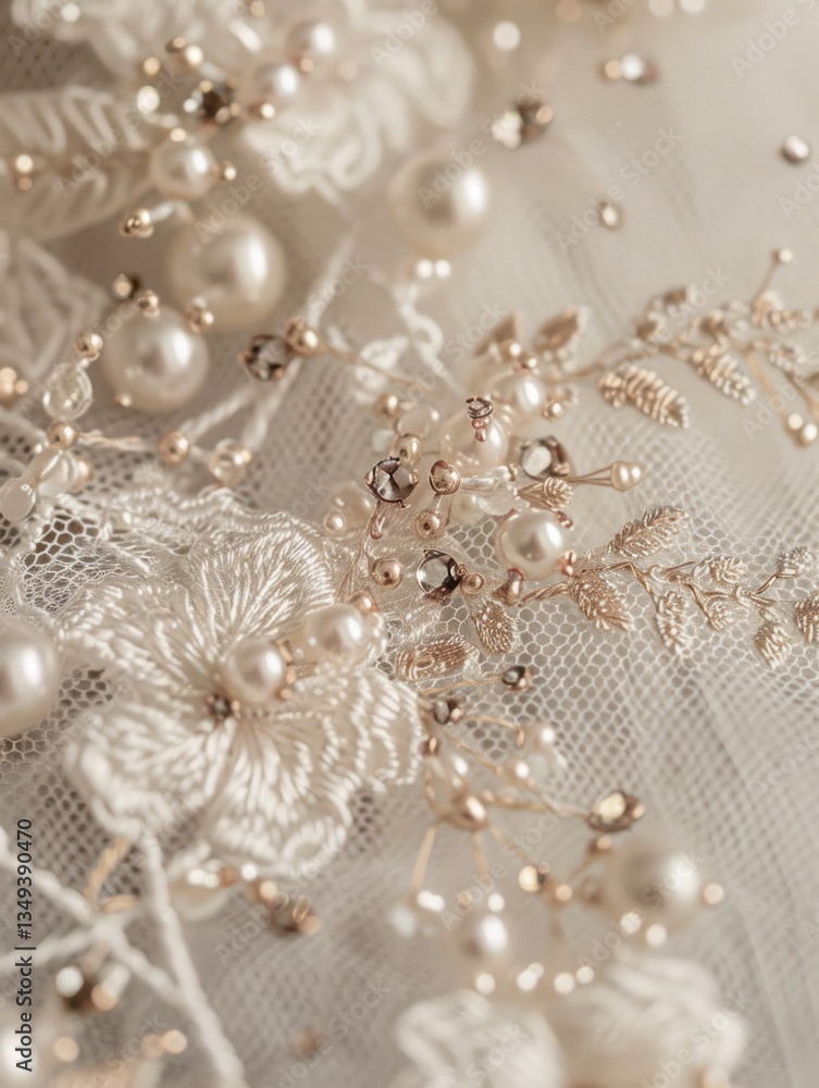 Close-up of refined lace adorned with tiny glistening pearls, enhancing the fabric's elegance and texture Close-up of refined lace adorned with tiny glistening pearls, enhancing the fabric's elegance and texture