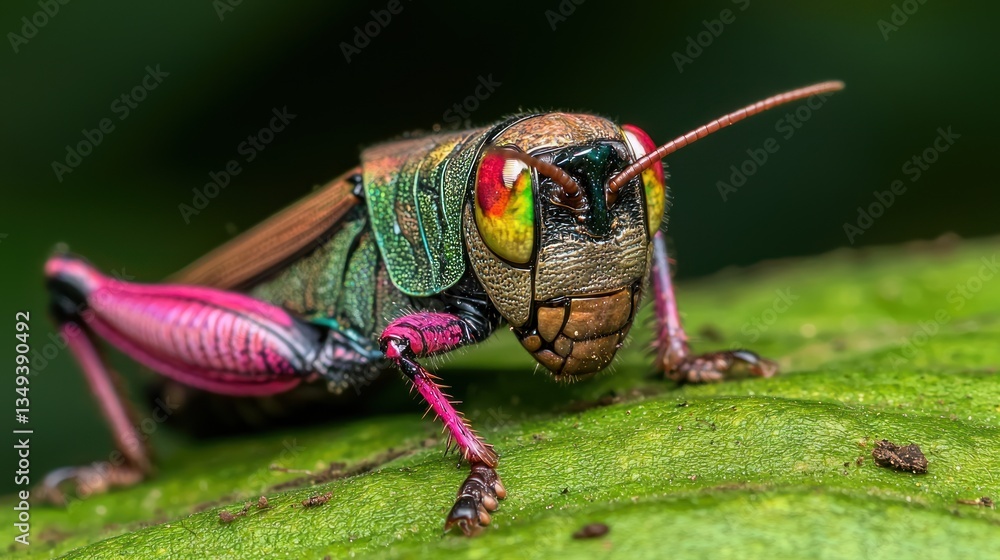 Fototapeta premium Vibrant Colorful Grasshopper on Leaf in Jungle