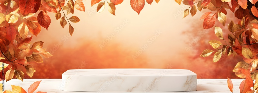 A white marble podium with golden leaf details, placed on the right in a peaceful autumn park with red and orange foliage.