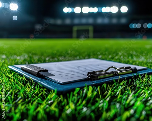 A clipboard rests on a vibrant pitch under stadium lights, ready for crucial game strategies and player insights.