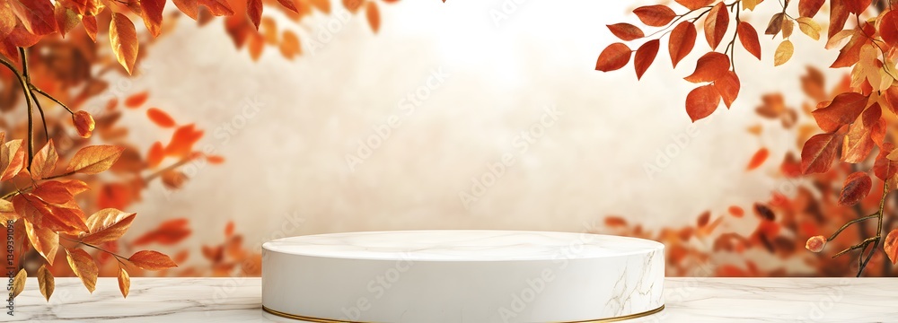 A white marble podium with golden leaf details, placed on the right in a peaceful autumn park with red and orange foliage.
