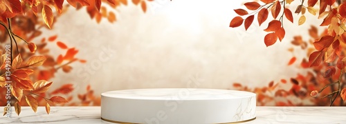 A white marble podium with golden leaf details, placed on the right in a peaceful autumn park with red and orange foliage.