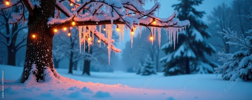 Fototapeta premium Snow-covered tree with icicle decorations and string lights, frosty atmosphere, Snow covered trees, winter wonderland