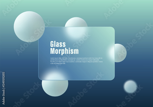 Website landing page template in glass morphism style. Infarmation panel with glass imitation and gradient spheres.