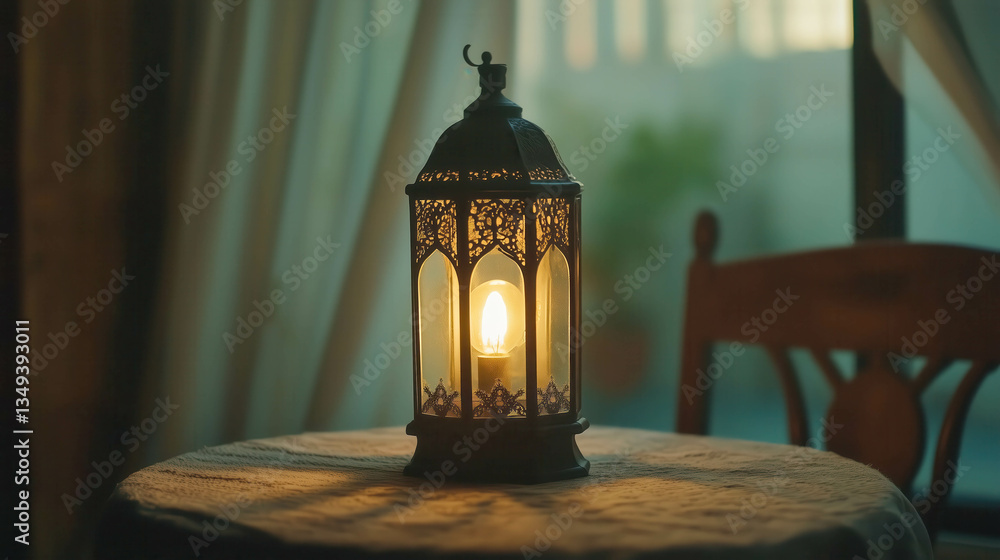 Ornate lantern illuminating tranquil evening setting on table Ornate lantern illuminating tranquil evening setting on table