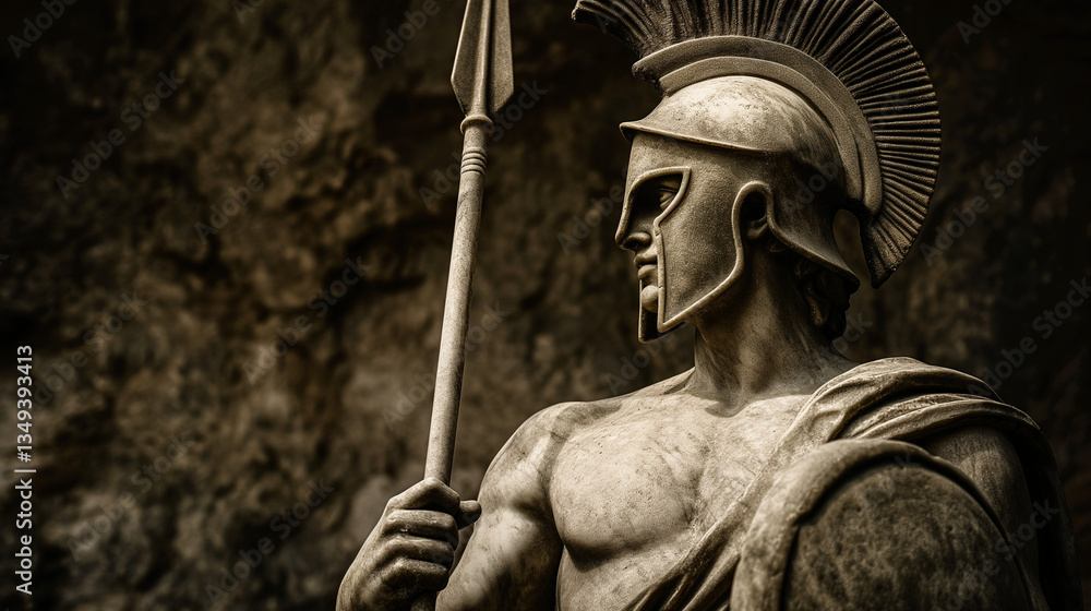 Obraz premium Heroic Greek warrior statue holding a spear with a strong, determined expression