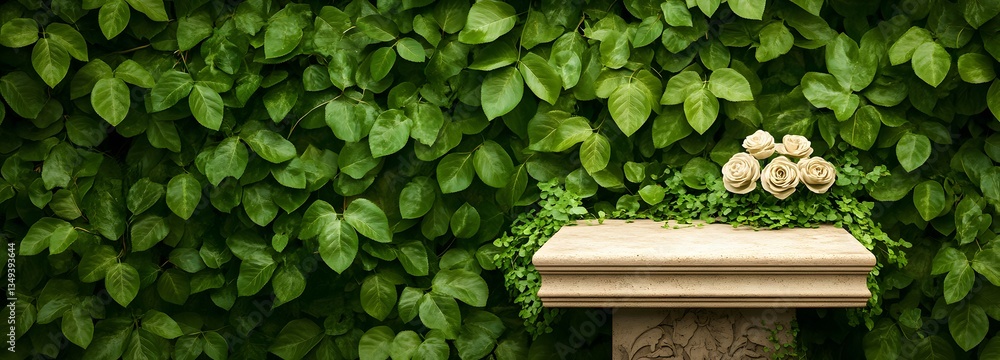 A podium covered in fresh green ivy, positioned on the right in a fairytale-like hidden garden with blooming roses.