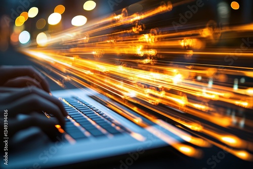 Creative Technology Background with Laptop and Colorful Light Trails