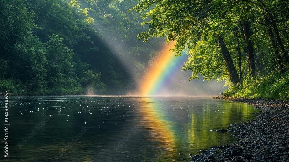 Obraz premium Colorful rainbow shines above calm waters reflecting lush trees and misty atmosphere in a peaceful riverside setting