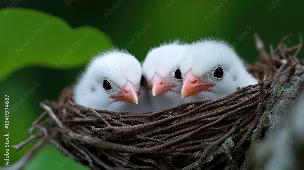 Three fluffy baby birds in a nest Three fluffy baby birds in a nest