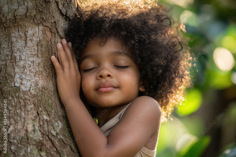 Embracing the Earth: A serene Black child hugging a tree, representing environmental awareness, sustainability, and a greener future. Embracing the Earth: A serene Black child hugging a tree, representing environmental awareness, sustainability, and a greener future.
