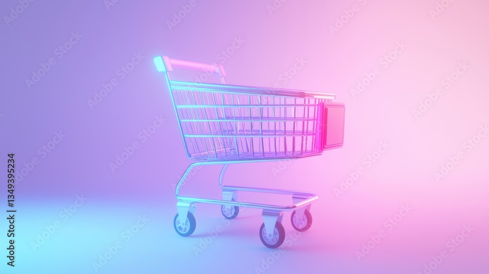 Empty shopping cart in neon light studio setting Empty shopping cart in neon light studio setting