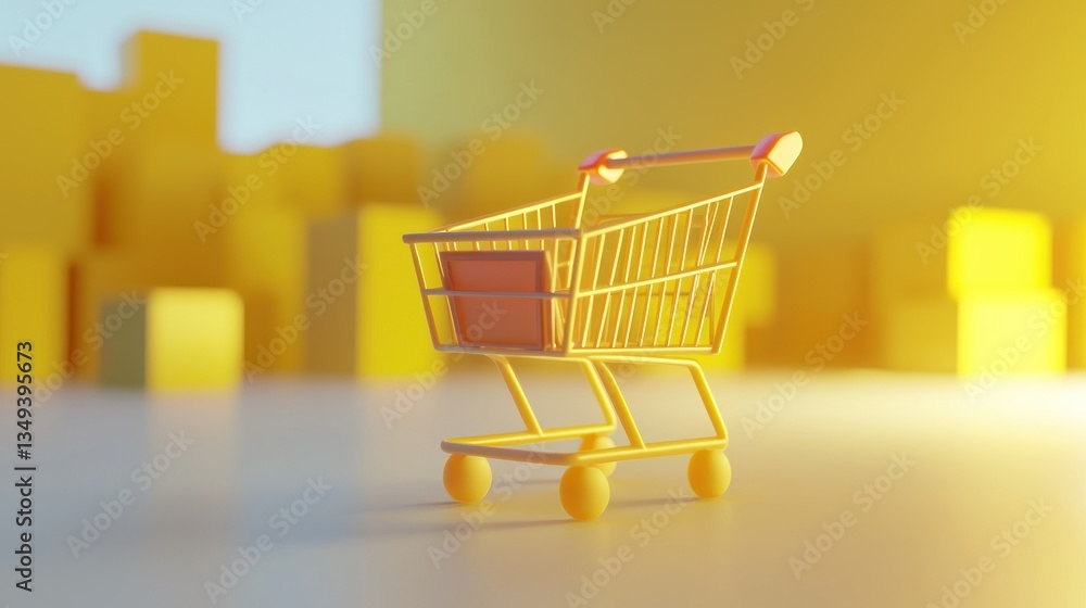 Empty shopping cart in a modern yellow retail environment Empty shopping cart in a modern yellow retail environment