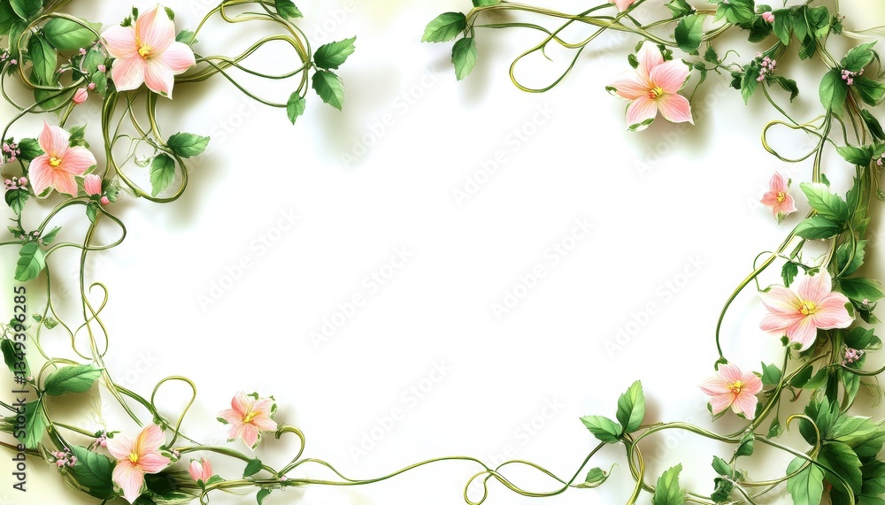 Fototapeta premium Floral Frame with Delicate Pink Flowers and Green Vines on White Background