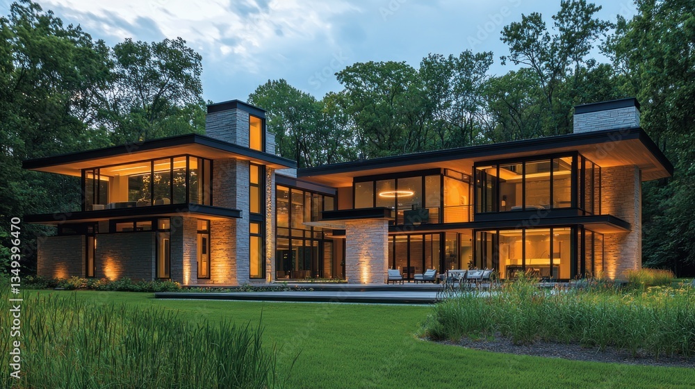 Modern architectural residence nestled within a serene landscape setting, featuring clean lines and minimalist design Modern architectural residence nestled within a serene landscape setting, featuring clean lines and minimalist design