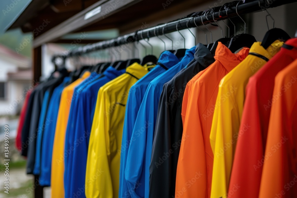 Colorful Rain Jackets Displayed on Hangers Colorful Rain Jackets Displayed on Hangers