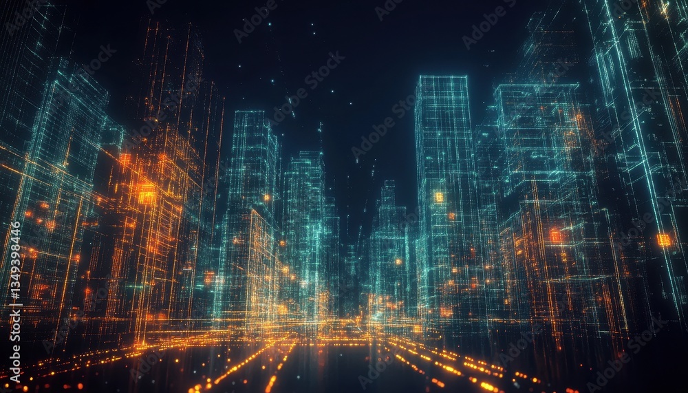 Fototapeta premium Futuristic City Nightscape with Glowing Blue and Orange Lights