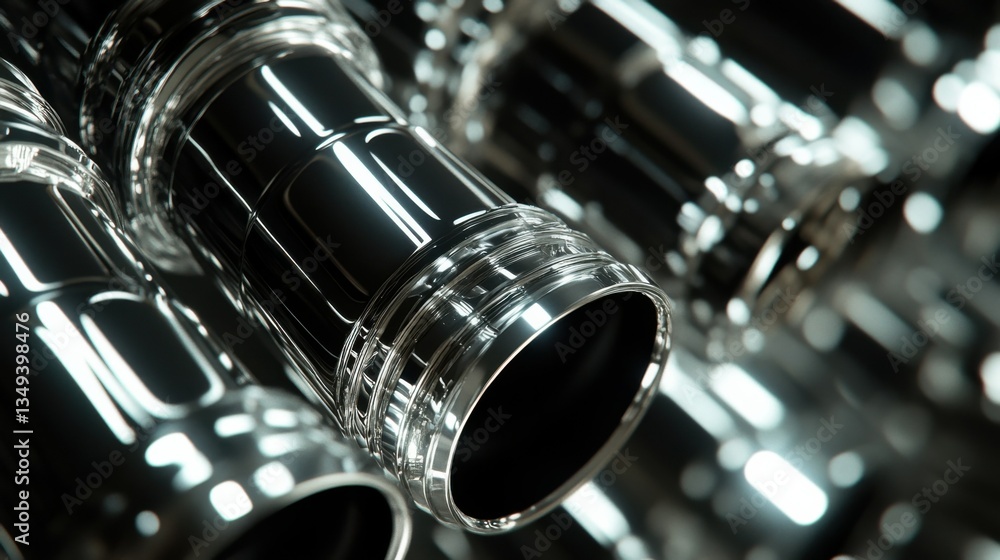 Close-up of shiny chrome car exhaust pipes reflecting light Close-up of shiny chrome car exhaust pipes reflecting light