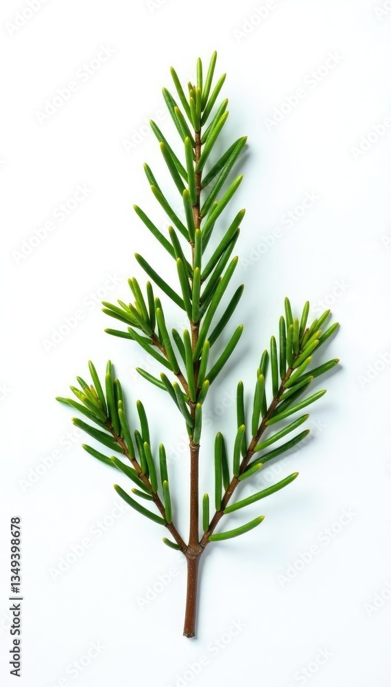 A solitary pine branch extends upwards towards the light on a bright white canvas, branch isolated on white background, nature, single branch A solitary pine branch extends upwards towards the light on a bright white canvas, branch isolated on white background, nature, single branch