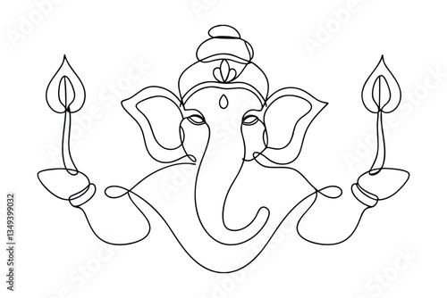 Ganesha Line Art Hindu God, Elephant Head, Diya Lamps, OneLine Drawing, Religious Symbol, Indian Dei