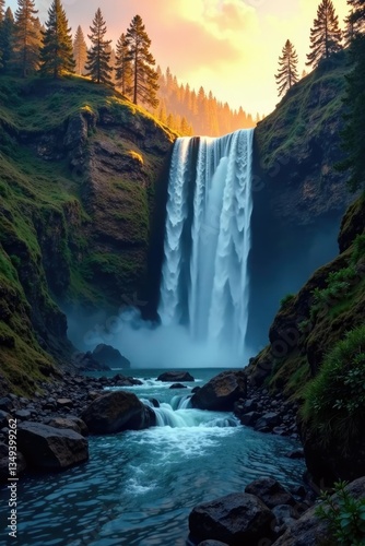 Butte Falls waterfall cascading down rocky cliffside at dawn, trees, river, cascade