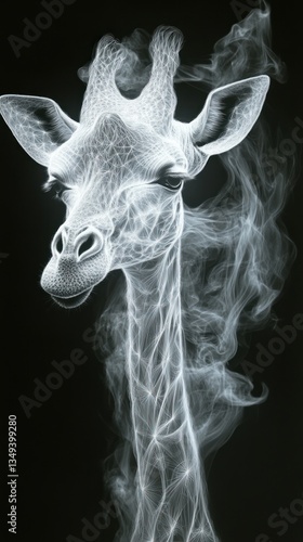Abstract Giraffe Portrait with Ethereal Smoke Effect on a Dark Background
