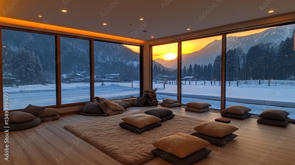 Fototapeta premium Serene sunset view from a room with floor cushions