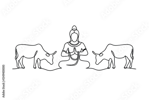 Hindu deity, continuous line art, cows, meditation, serenity, peace, spiritual, bovine, India, 