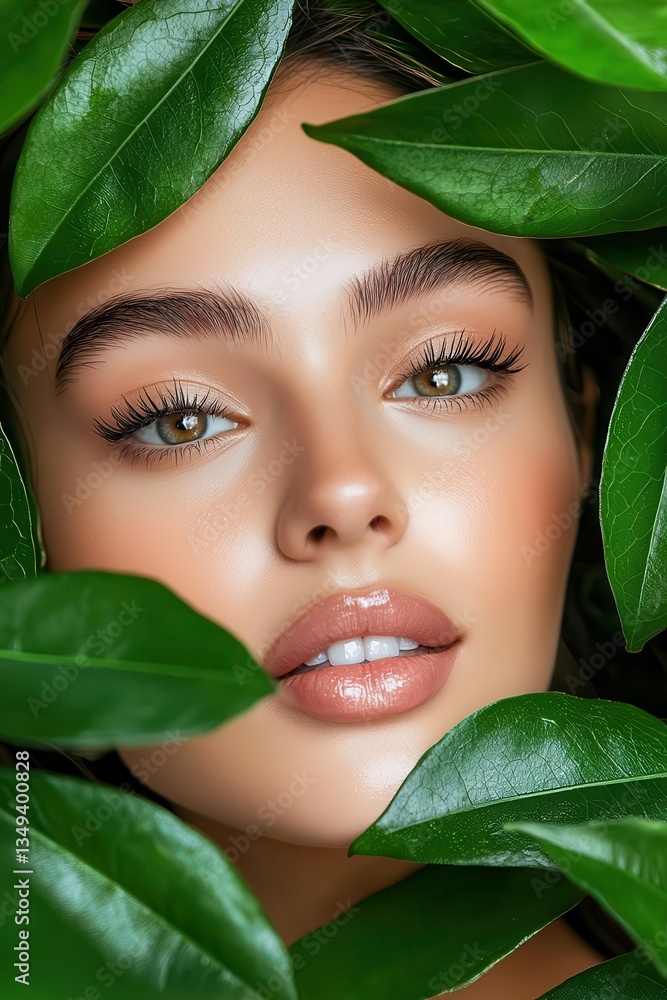 A stunning close-up portrait of a woman surrounded by vibrant green leaves, showcasing natural beauty and flawless skin. A stunning close-up portrait of a woman surrounded by vibrant green leaves, showcasing natural beauty and flawless skin.