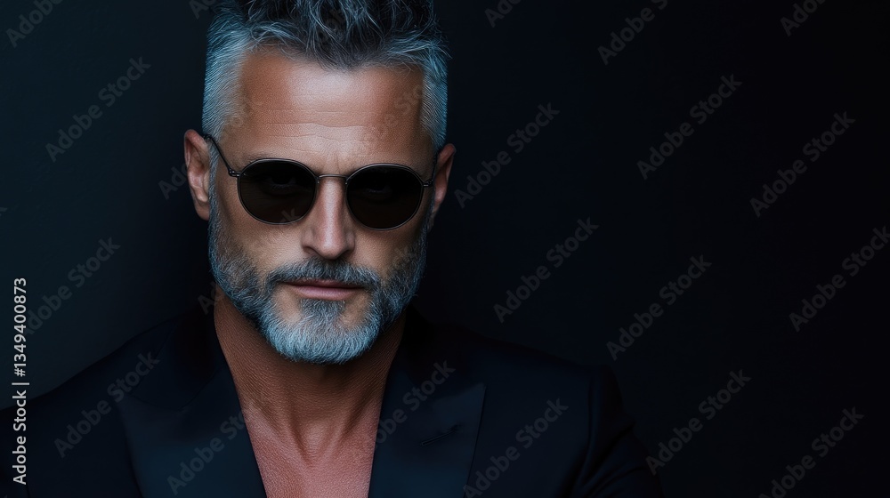 Fototapeta premium Stylish mature man in black suit and sunglasses