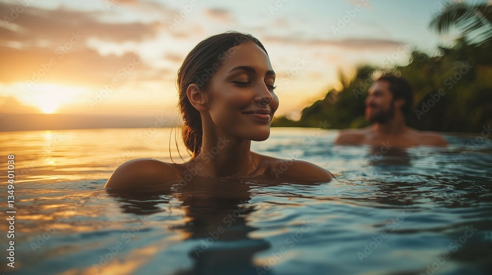 A serene sunset scene featuring a woman enjoying a swim in tranquil waters, exuding calmness and joy alongside a companion. A serene sunset scene featuring a woman enjoying a swim in tranquil waters, exuding calmness and joy alongside a companion.