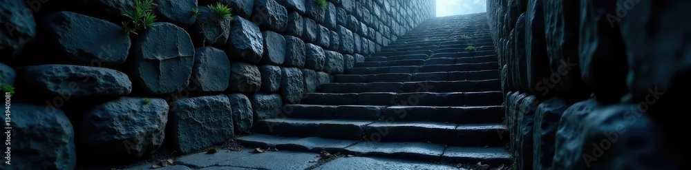 Obraz premium Dark stone staircase descending into darkness, passageway, path, shadow