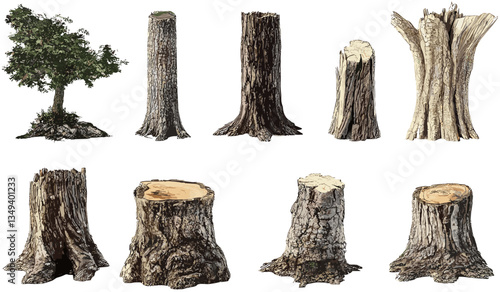 Vector tree trunks collection, hardwood tree stubs, isolated cut out backgrounds PNG, forest stubs, nature illustrations, wooden stumps vector, nature tree stumps designs