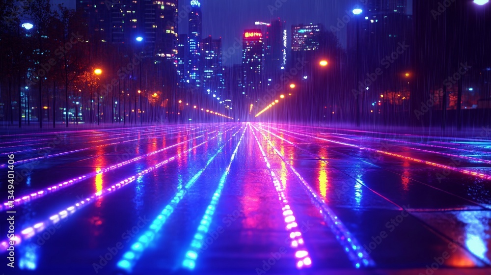 Illuminated City Street During Rainfall With Bright Colorful Lights Illuminated City Street During Rainfall With Bright Colorful Lights
