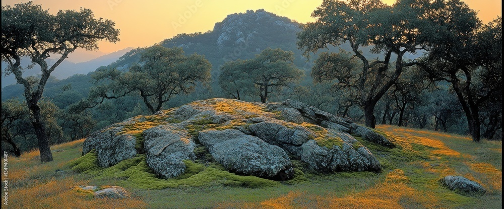 Naklejka premium Sunset illuminates mossy rocks & trees on a hill