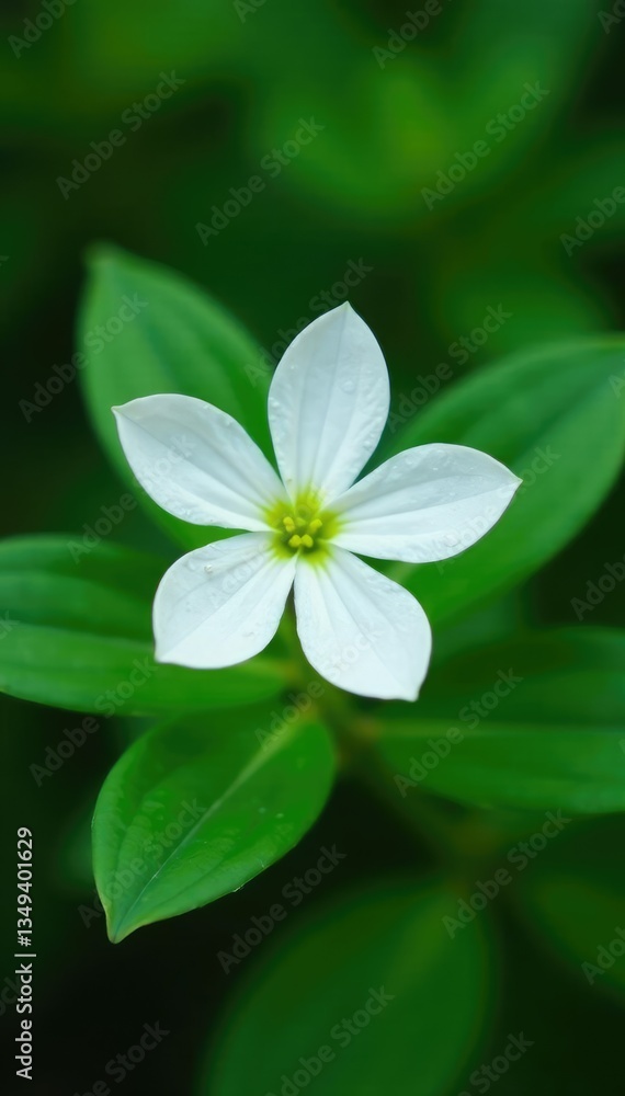 Delicate white petals of a small flower with green leaves in the background, closeup, leaf Delicate white petals of a small flower with green leaves in the background, closeup, leaf